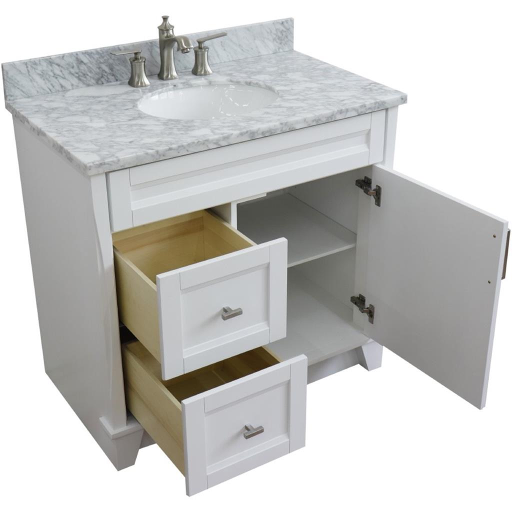 Bellaterra Terni 37" Single Vanity, White, White Carrara Marble Top/Center Oval Sink, Right Drawers