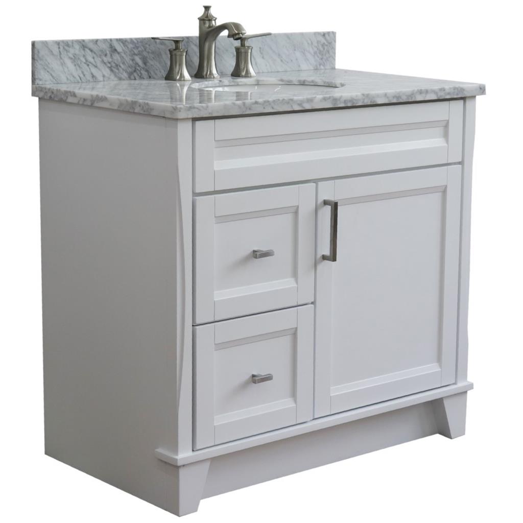 Bellaterra Terni 37" Single Vanity, White, White Carrara Marble Top/Center Oval Sink, Right Drawers