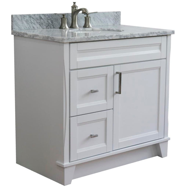 Bellaterra Terni 37" Single Vanity, White, White Carrara Marble Top/Center Oval Sink, Right Drawers