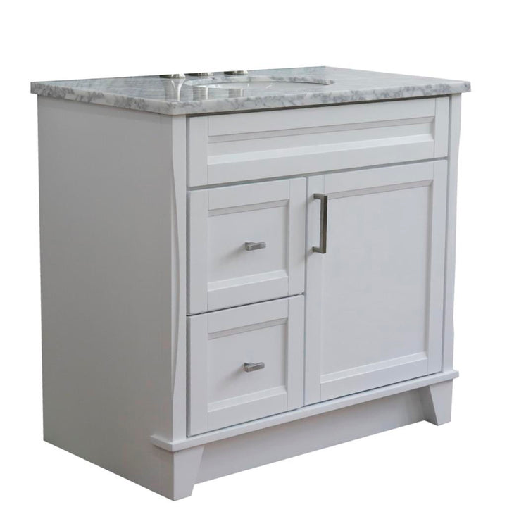 Bellaterra Terni 37" Single Vanity, White, White Carrara Marble Top/Center Oval Sink, Right Drawers