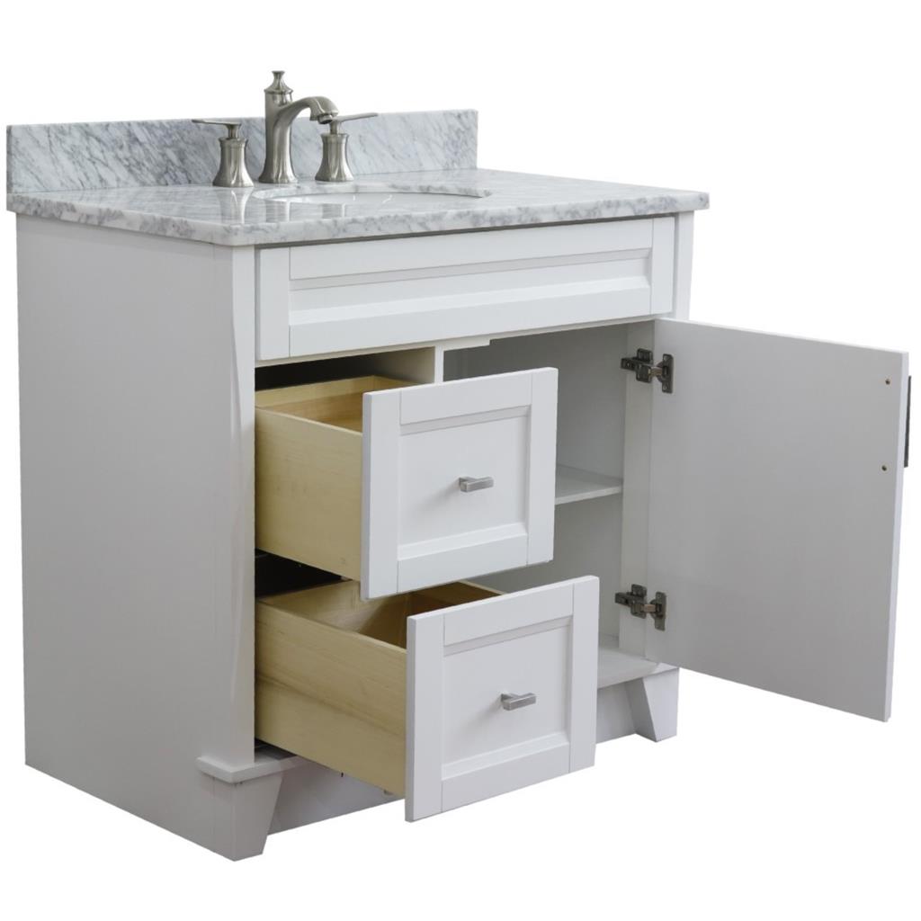 Bellaterra Terni 37" Single Vanity, White, White Carrara Marble Top/Center Oval Sink, Right Drawers