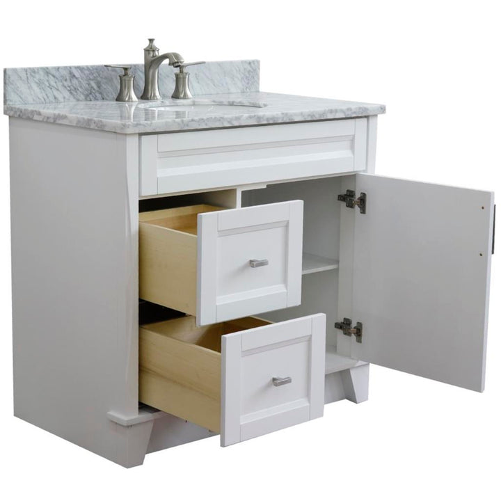 Bellaterra Terni 37" Single Vanity, White, White Carrara Marble Top/Center Oval Sink, Right Drawers