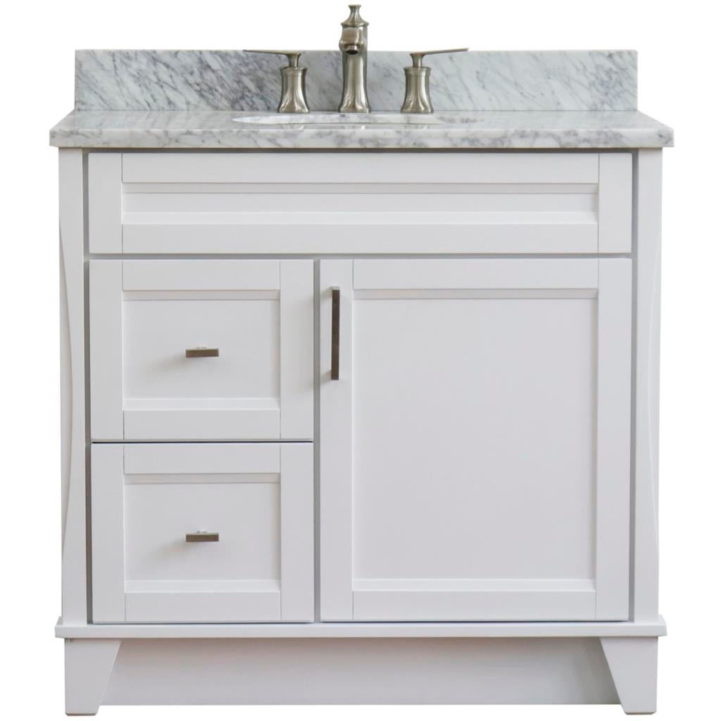 Bellaterra Terni 37" Single Vanity, White, White Carrara Marble Top/Center Oval Sink, Right Drawers