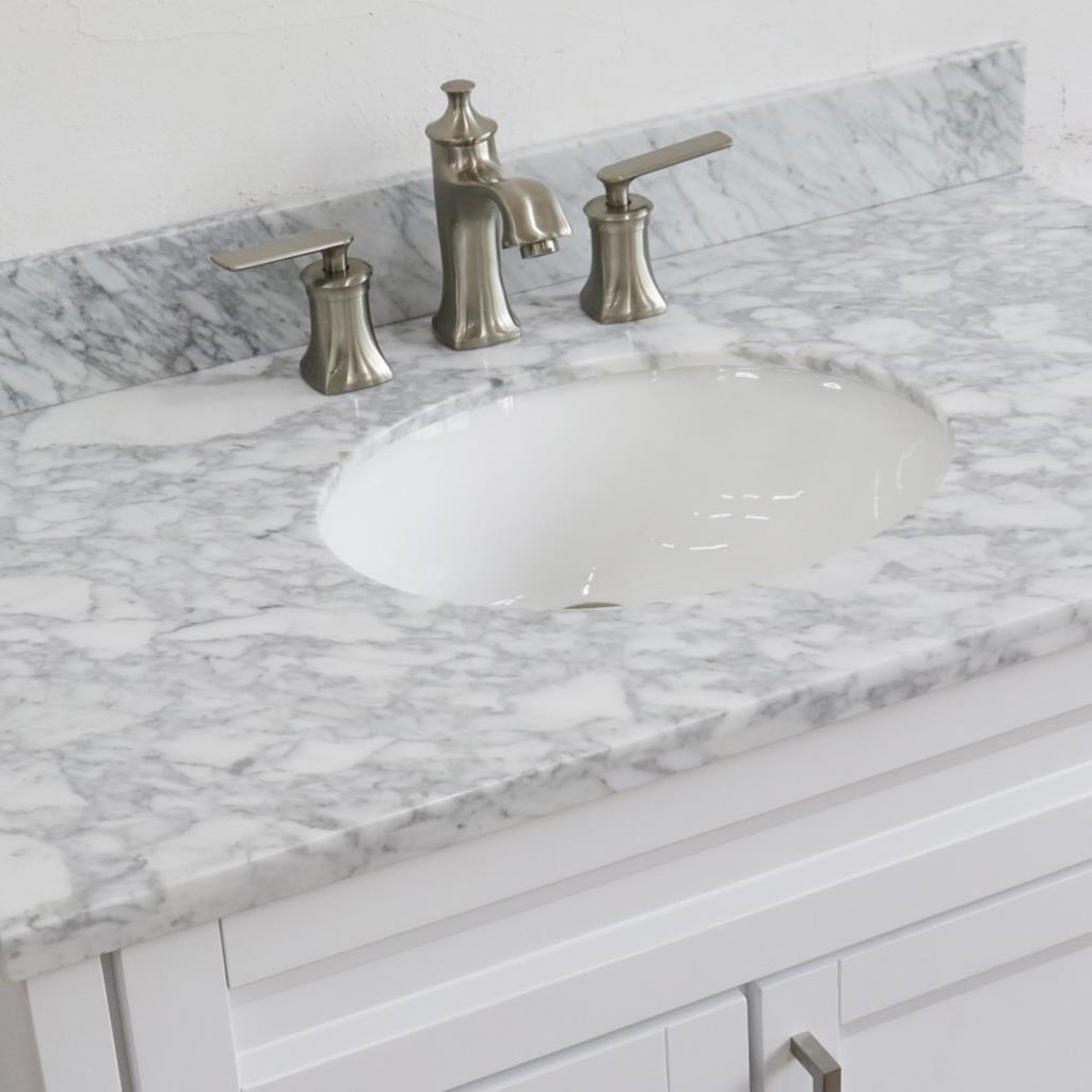 Bellaterra Terni 37" Single Vanity, White, White Carrara Marble Top/Center Oval Sink, Right Drawers