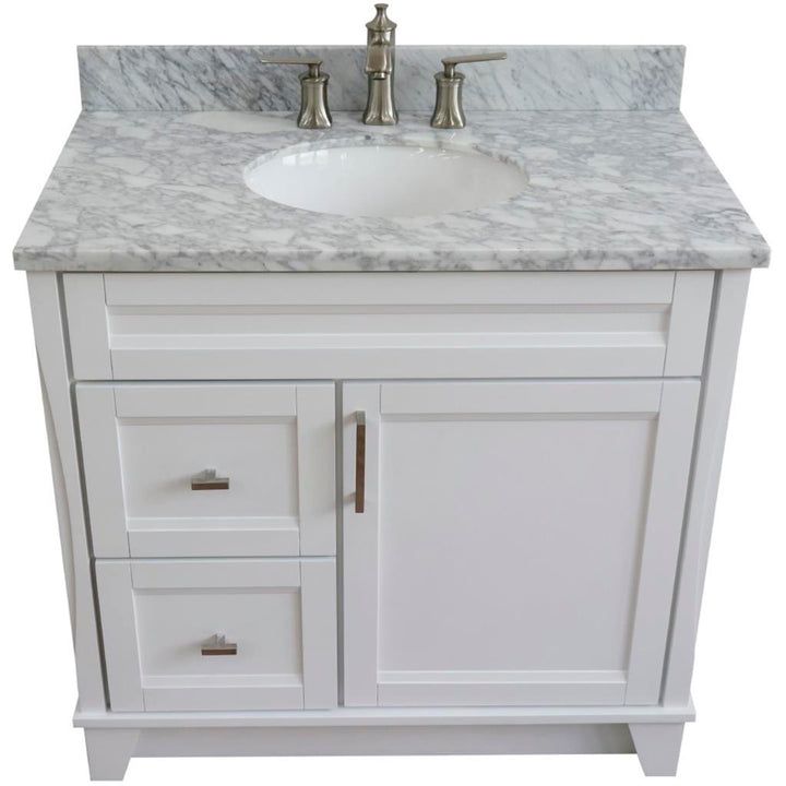 Bellaterra Terni 37" Single Vanity, White, White Carrara Marble Top/Center Oval Sink, Right Drawers