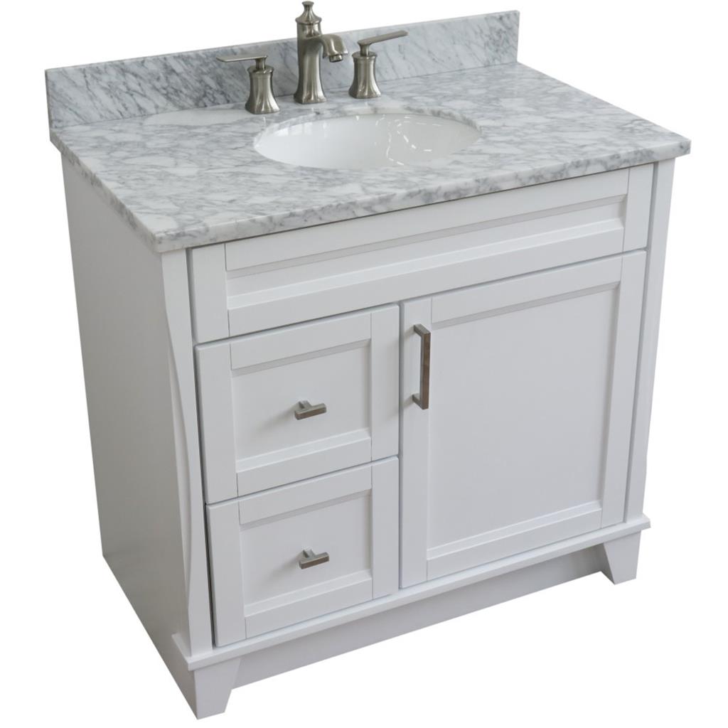 Bellaterra Terni 37" Single Vanity, White, White Carrara Marble Top/Center Oval Sink, Right Drawers