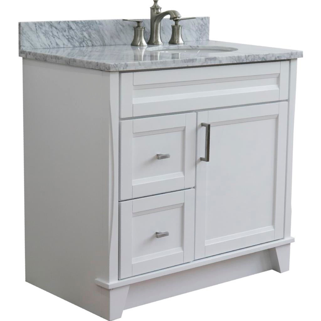 Bellaterra Terni 37" Single Vanity, White, White Carrara Marble Top/Left Oval Sink, Right Drawers