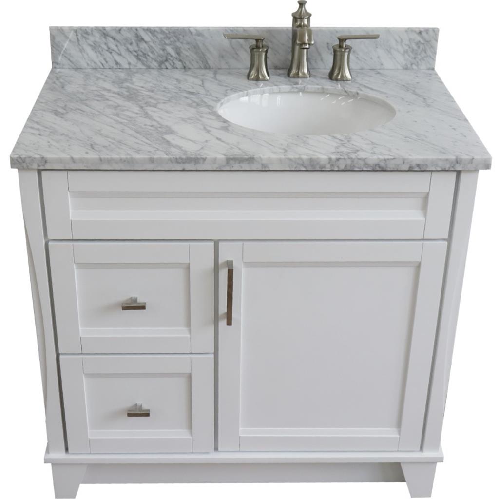 Bellaterra Terni 37" Single Vanity, White, White Carrara Marble Top/Left Oval Sink, Right Drawers