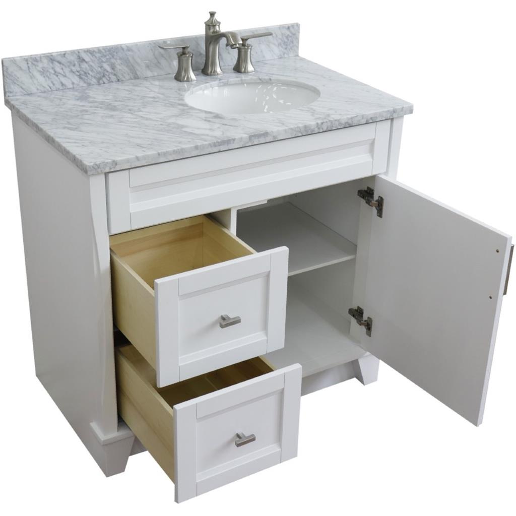 Bellaterra Terni 37" Single Vanity, White, White Carrara Marble Top/Left Oval Sink, Right Drawers