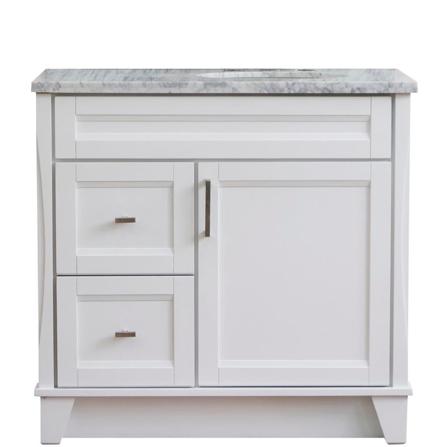 Bellaterra Terni 37" Single Vanity, White, White Carrara Marble Top/Left Oval Sink, Right Drawers