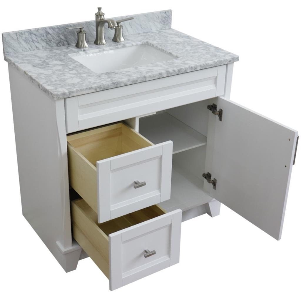 Bellaterra Terni 37" Single Vanity, White, White Carrara Marble Top/Center Rectangle Sink, Right Drawers