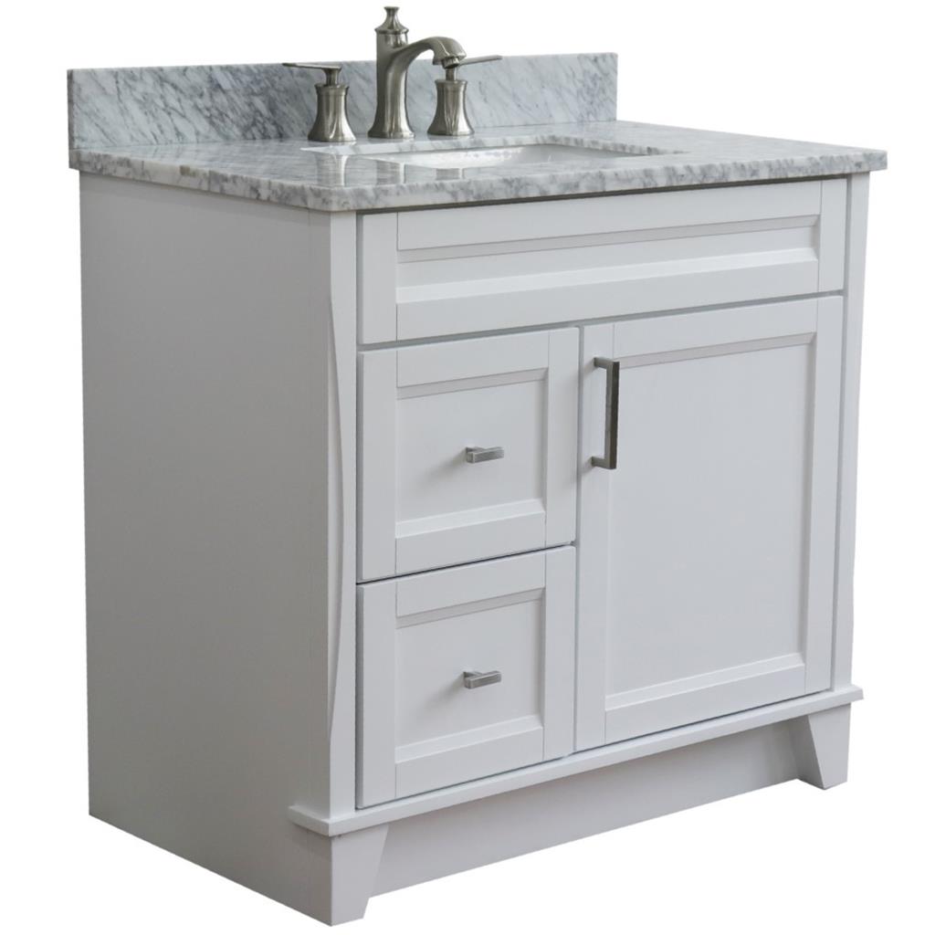 Bellaterra Terni 37" Single Vanity, White, White Carrara Marble Top/Center Rectangle Sink, Right Drawers