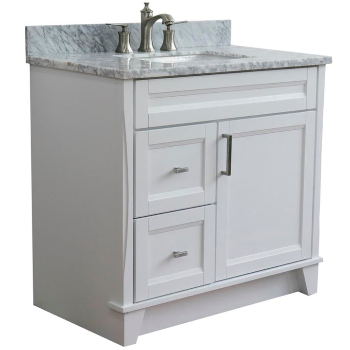 Bellaterra Terni 37" Single Vanity, White, White Carrara Marble Top/Center Rectangle Sink, Right Drawers