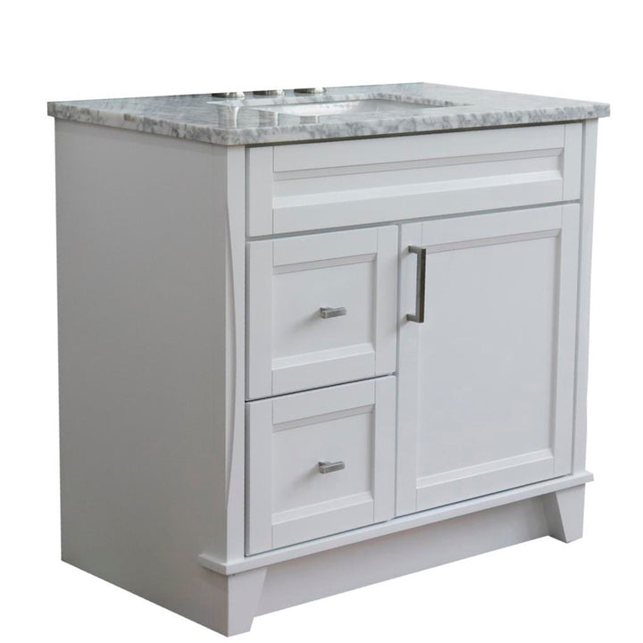 Bellaterra Terni 37" Single Vanity, White, White Carrara Marble Top/Center Rectangle Sink, Right Drawers