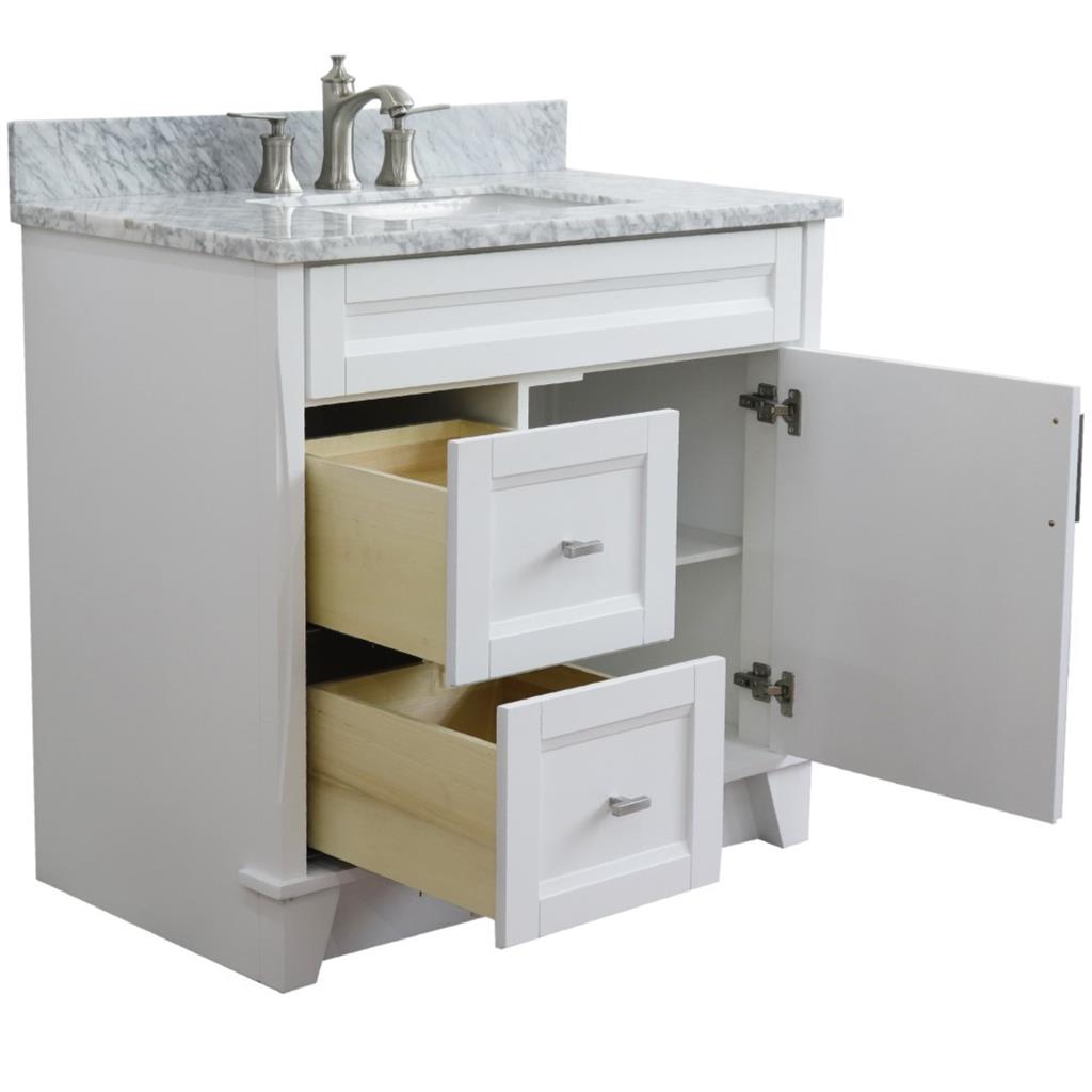 Bellaterra Terni 37" Single Vanity, White, White Carrara Marble Top/Center Rectangle Sink, Right Drawers