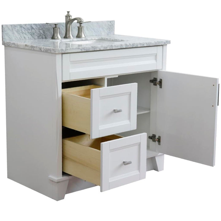 Bellaterra Terni 37" Single Vanity, White, White Carrara Marble Top/Center Rectangle Sink, Right Drawers