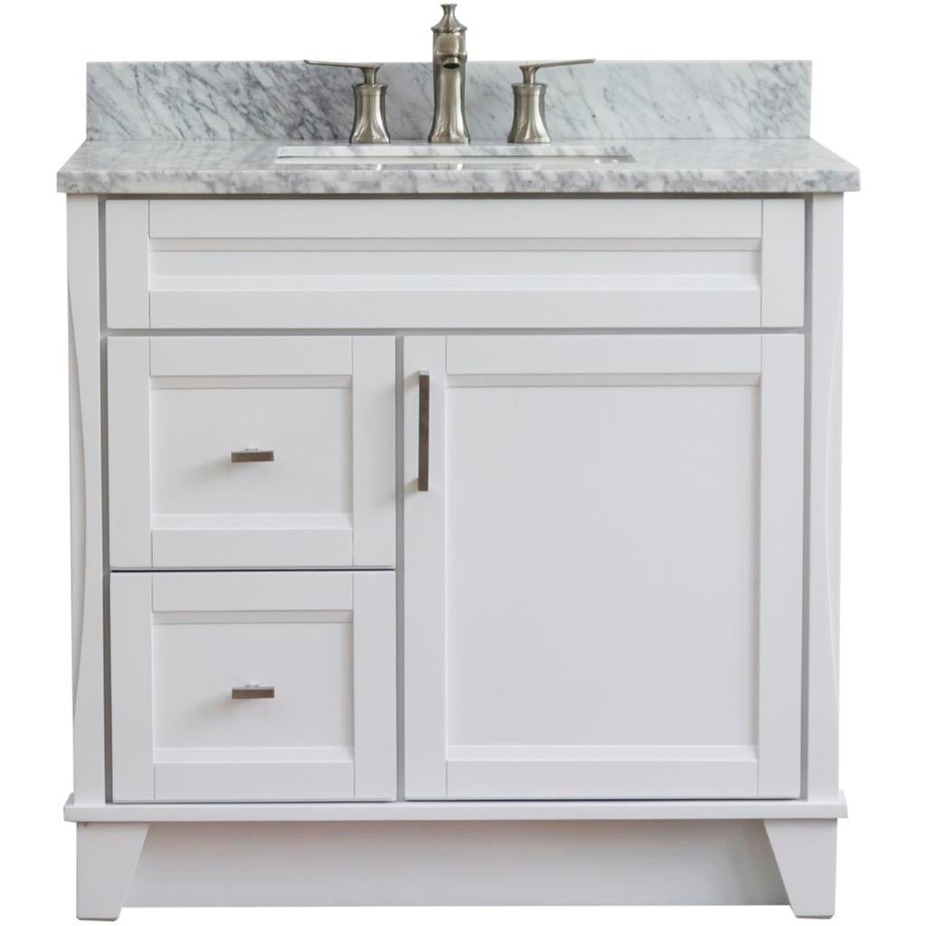 Bellaterra Terni 37" Single Vanity, White, White Carrara Marble Top/Center Rectangle Sink, Right Drawers