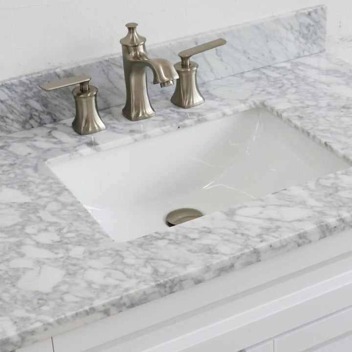 Bellaterra Terni 37" Single Vanity, White, White Carrara Marble Top/Center Rectangle Sink, Right Drawers