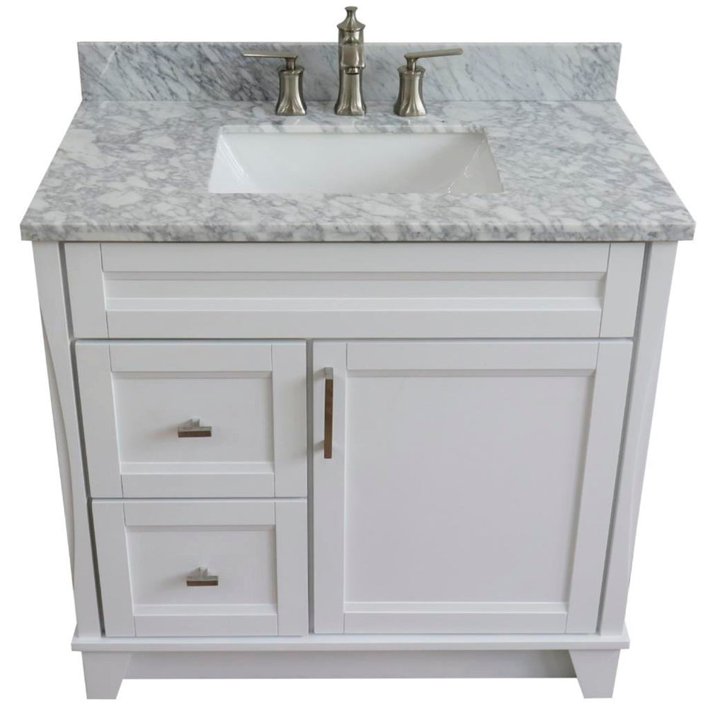 Bellaterra Terni 37" Single Vanity, White, White Carrara Marble Top/Center Rectangle Sink, Right Drawers