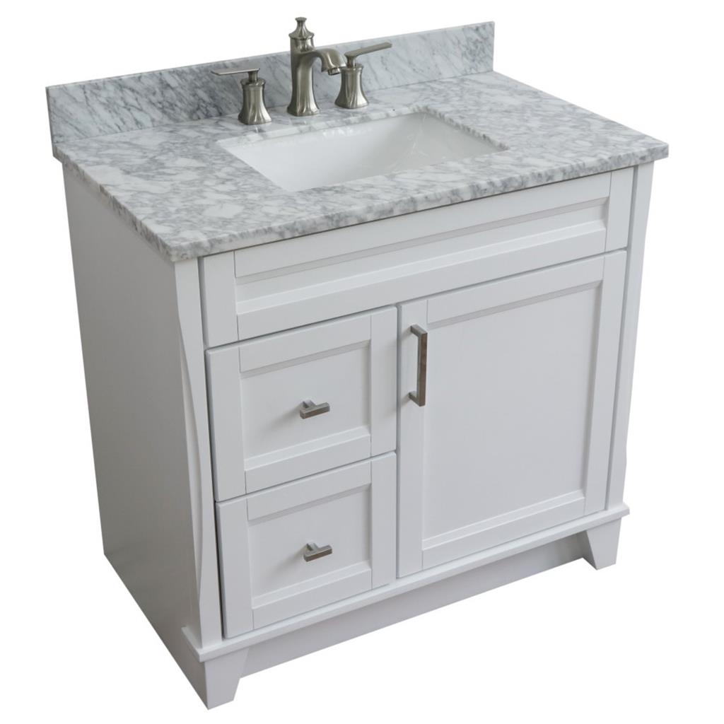 Bellaterra Terni 37" Single Vanity, White, White Carrara Marble Top/Center Rectangle Sink, Right Drawers