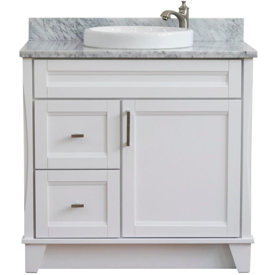 Bellaterra Terni 37" Single Vanity, White, White Carrara Marble Top/Center Round Sink, Right Drawers