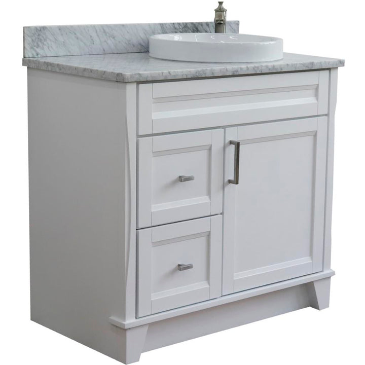 Bellaterra Terni 37" Single Vanity, White, White Carrara Marble Top/Left Round Sink, Right Drawers