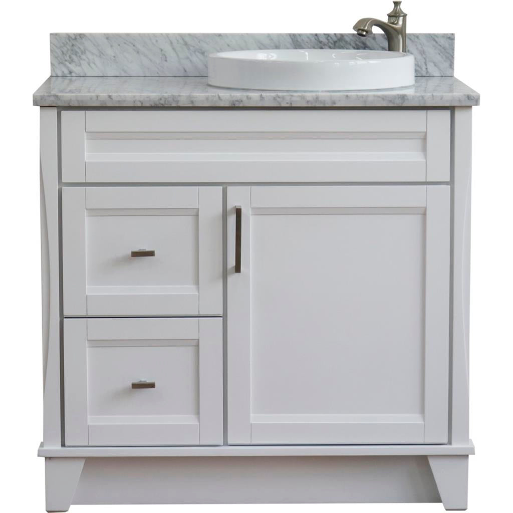 Bellaterra Terni 37" Single Vanity, White, White Carrara Marble Top/Left Round Sink, Right Drawers