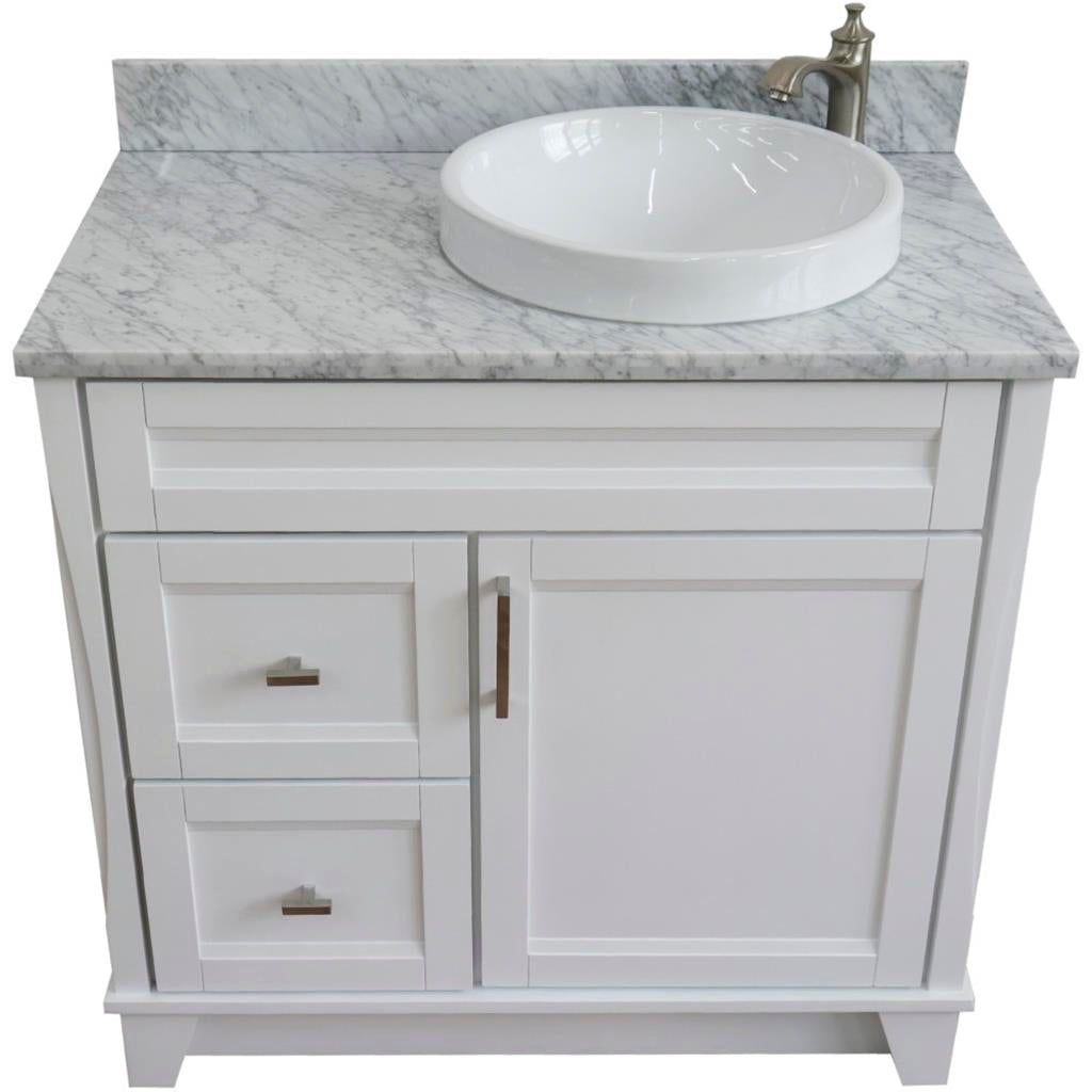 Bellaterra Terni 37" Single Vanity, White, White Carrara Marble Top/Left Round Sink, Right Drawers