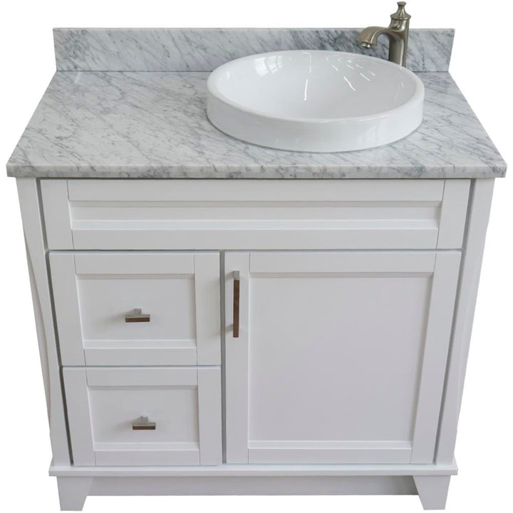 Bellaterra Terni 37" Single Vanity, White, White Carrara Marble Top/Left Round Sink, Right Drawers