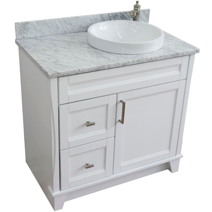 Bellaterra Terni 37" Single Vanity, White, White Carrara Marble Top/Left Round Sink, Right Drawers