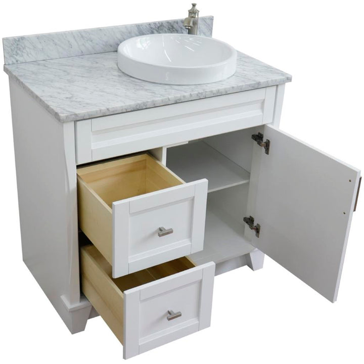 Bellaterra Terni 37" Single Vanity, White, White Carrara Marble Top/Left Round Sink, Right Drawers