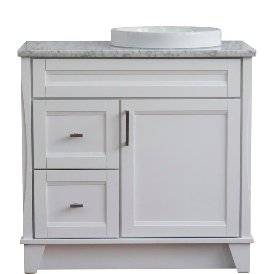 Bellaterra Terni 37" Single Vanity, White, White Carrara Marble Top/Left Round Sink, Right Drawers