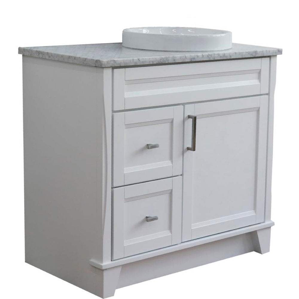 Bellaterra Terni 37" Single Vanity, White, White Carrara Marble Top/Left Round Sink, Right Drawers