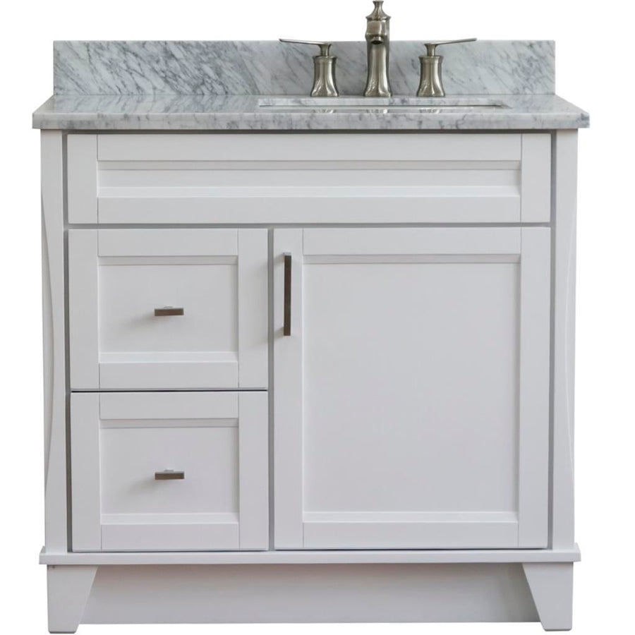 Bellaterra Terni 37" Single Vanity, White, White Carrara Marble Top/Left Rectangle Sink, Right Drawers