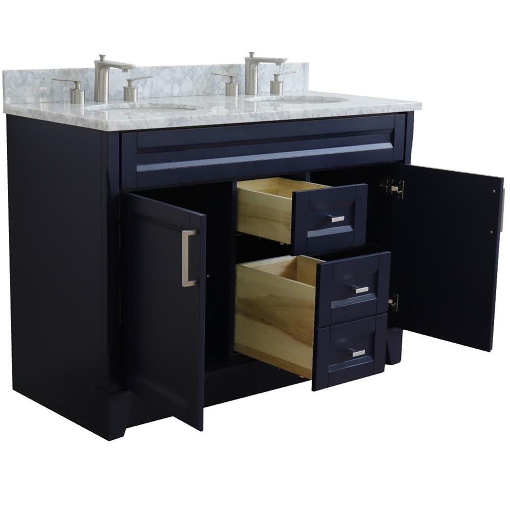 Bellaterra Terni 49" Double Vanity, Blue, White Carrara Marble Top/Oval Sink