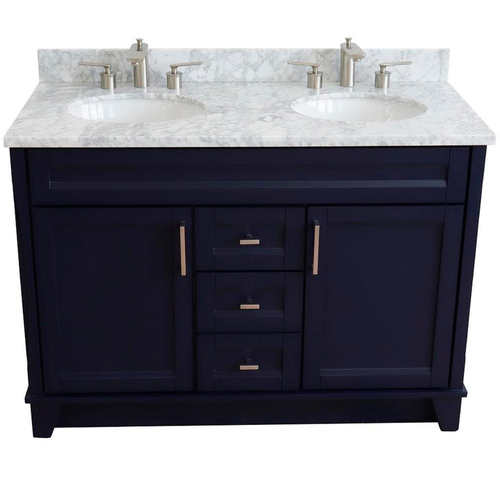 Bellaterra Terni 49" Double Vanity, Blue, White Carrara Marble Top/Oval Sink