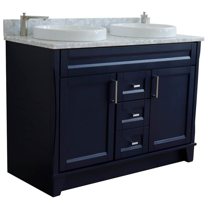 Bellaterra Terni 49" Double Vanity, Blue, White Carrara Marble Top/Round Sink