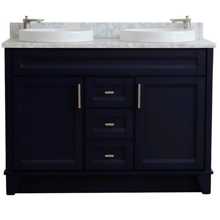 Bellaterra Terni 49" Double Vanity, Blue, White Carrara Marble Top/Round Sink