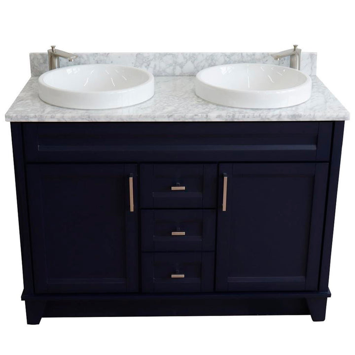 Bellaterra Terni 49" Double Vanity, Blue, White Carrara Marble Top/Round Sink