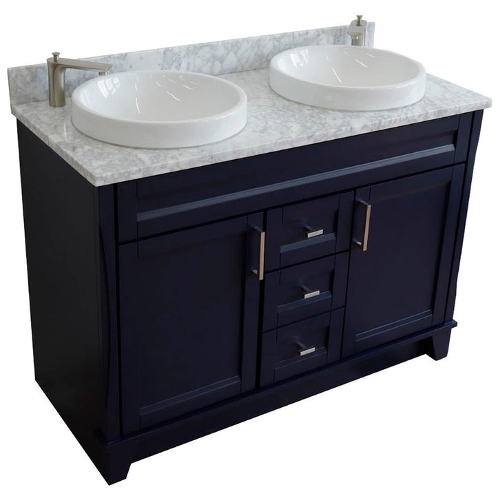 Bellaterra Terni 49" Double Vanity, Blue, White Carrara Marble Top/Round Sink