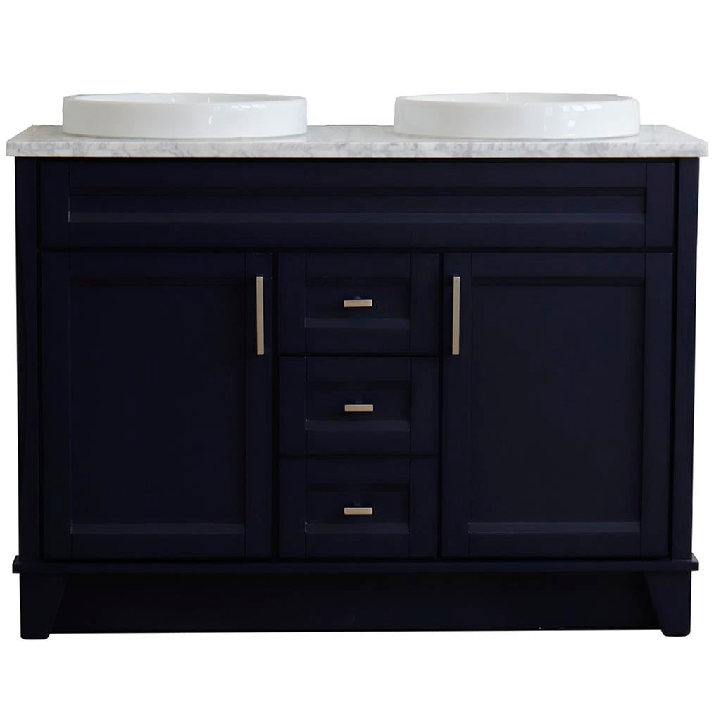 Bellaterra Terni 49" Double Vanity, Blue, White Carrara Marble Top/Round Sink