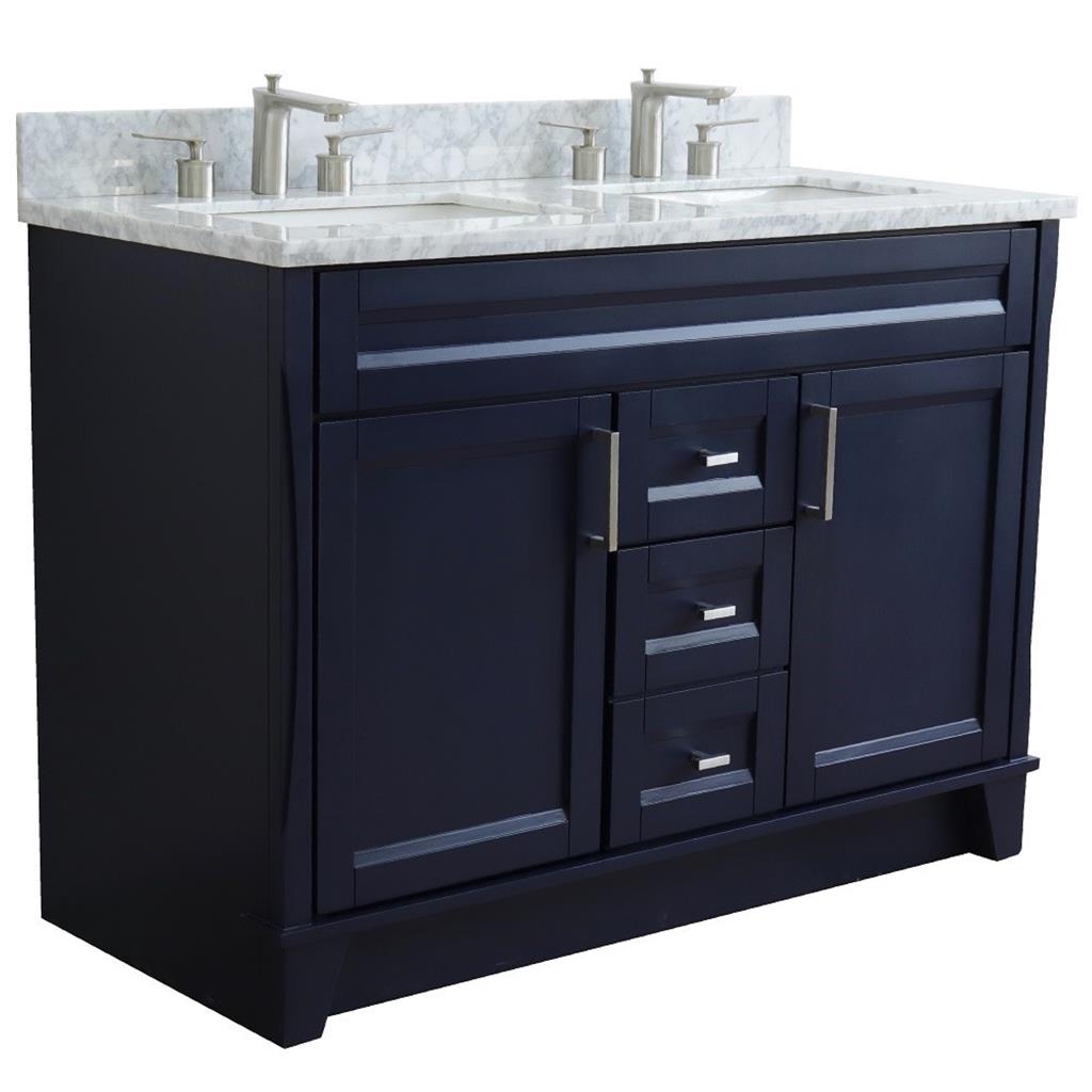 Bellaterra Terni 49" Double Vanity, Blue, White Carrara Marble Top/Rectangle Sink