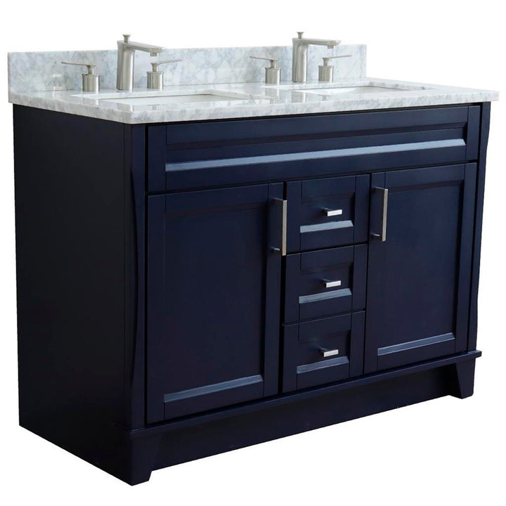 Bellaterra Terni 49" Double Vanity, Blue, White Carrara Marble Top/Rectangle Sink