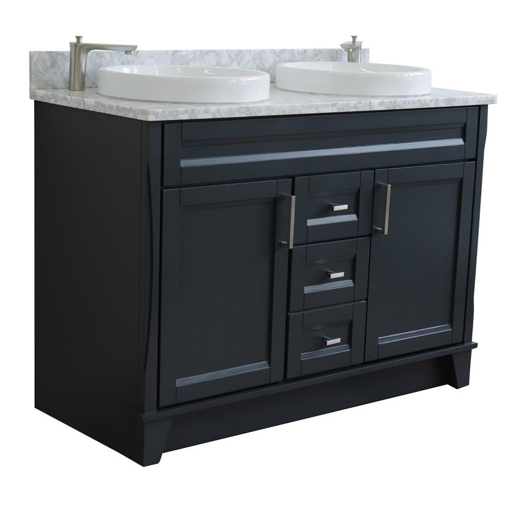 Bellaterra Terni 49" Double Vanity, Dark Gray, White Carrara Marble Top/Round Sink