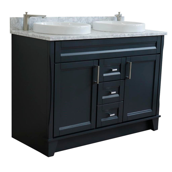 Bellaterra Terni 49" Double Vanity, Dark Gray, White Carrara Marble Top/Round Sink