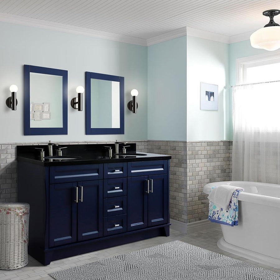 Bellaterra Terni 61" Double Vanity, Blue, Black Galaxy Granite Top/Oval Sink