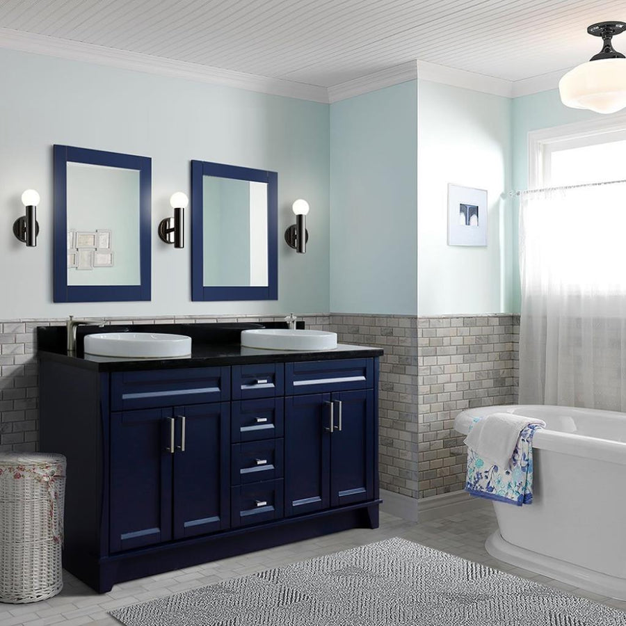 Bellaterra Terni 61" Double Vanity, Blue, Black Galaxy Granite Top/Round Sink