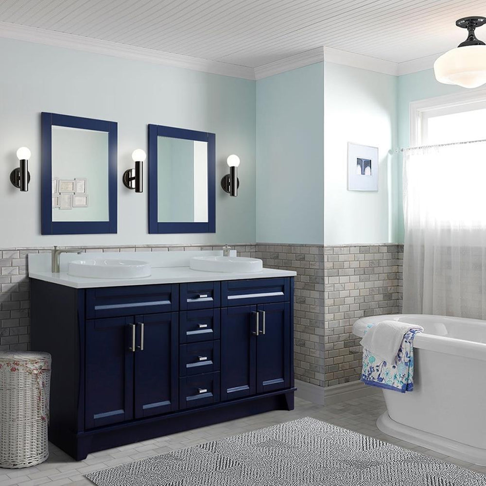 Bellaterra Terni 61" Double Vanity, Blue, White Quartz Top/Round Sink