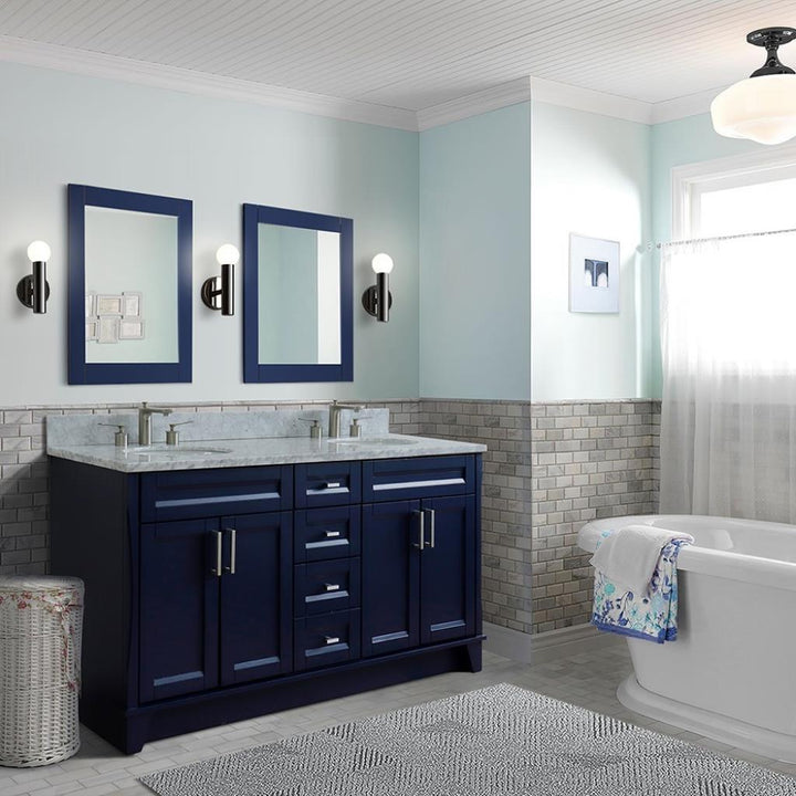 Bellaterra Terni 61" Double Vanity, Blue, White Carrara Marble Top/Oval Sink