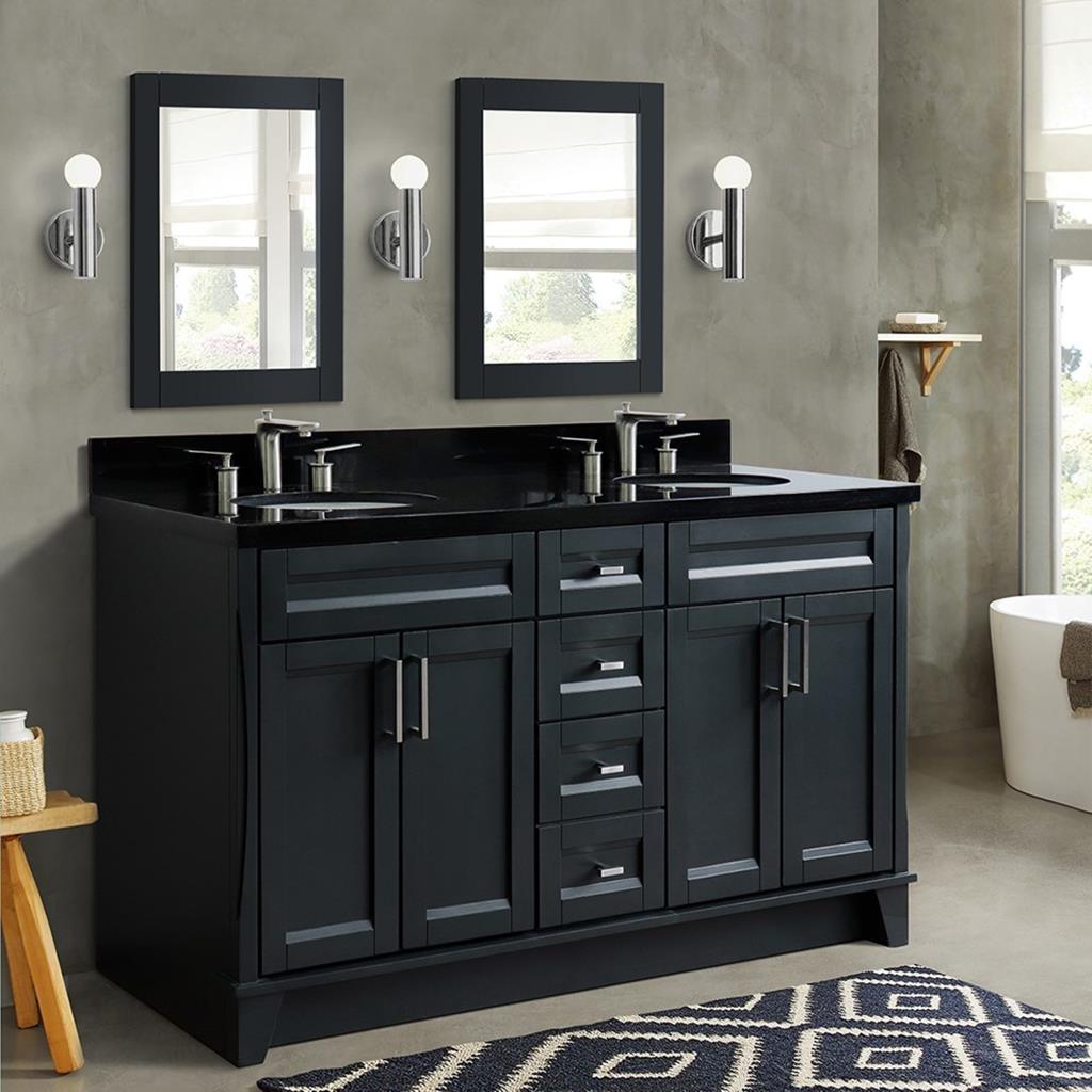 Bellaterra Terni 61" Double Vanity, Dark Gray, Black Galaxy Granite Top/Oval Sink